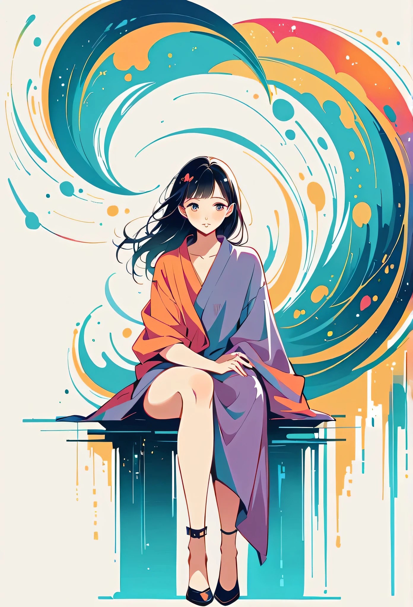 Watase Seizo style, Standing in front of a high wall,Simple Line Initialism,Abstract art,Urban Background, (((The most beautiful girl))), Lips in Love, sitting