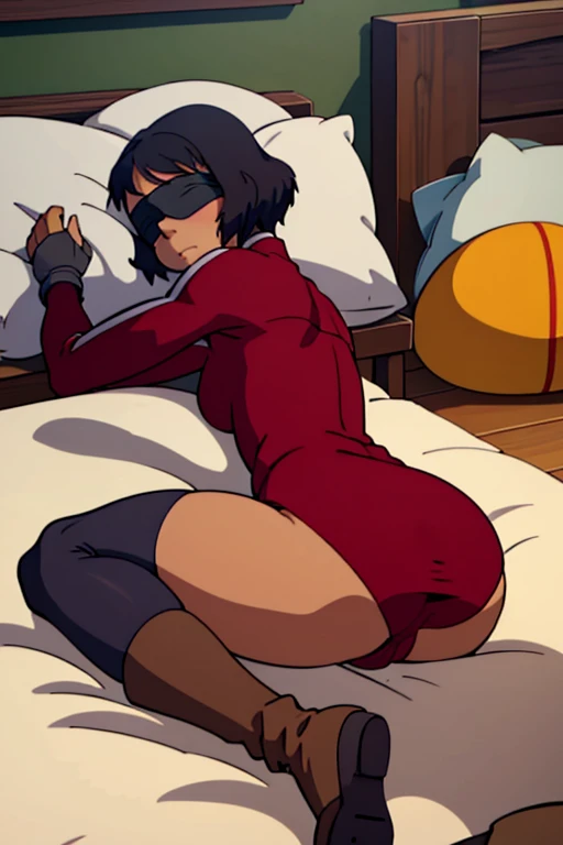 tennis girl's massive rear butt cheeks out of bottomless slutty mini sweater out bare and brown boots, showing her butt, lying down, on bed, wearing oven mittens under big pillow, blindfold