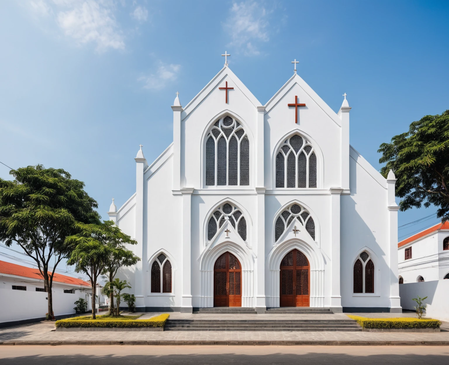 raw photo, best quality, ultra realistic, masterpiece, best quality skin, photography hd, dslr,
tcs, httlvn,a modern church on vietnamese street, building, 3 arched window, white wall, cross, house, 
Daylight, 
Street view, 