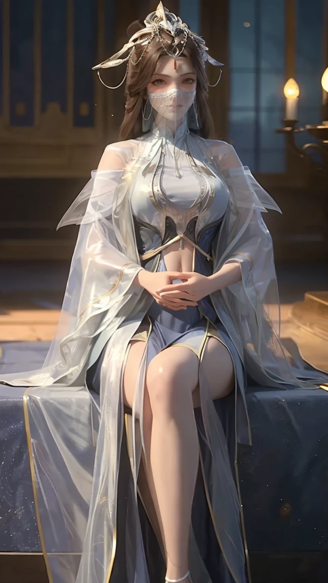 cheongsam,((whole body)), ((Sitting)), ((The hem is long, Sexy long legs)), ((Bare shoulders)),model, Young beautiful girl, Striking an elegant pose, Charming pose, Heat and cold, Beautiful and delicate eyes, Full breasts, Glamor body, Features, masterpiece, best quality, official art, Rich details, Clear face, Professional lighting, Physically based rendering, Necklace, Light makeup,Starry sky background,Sitting on the stars,With a translucent veil, pregnant, big belly bump, large breasts.