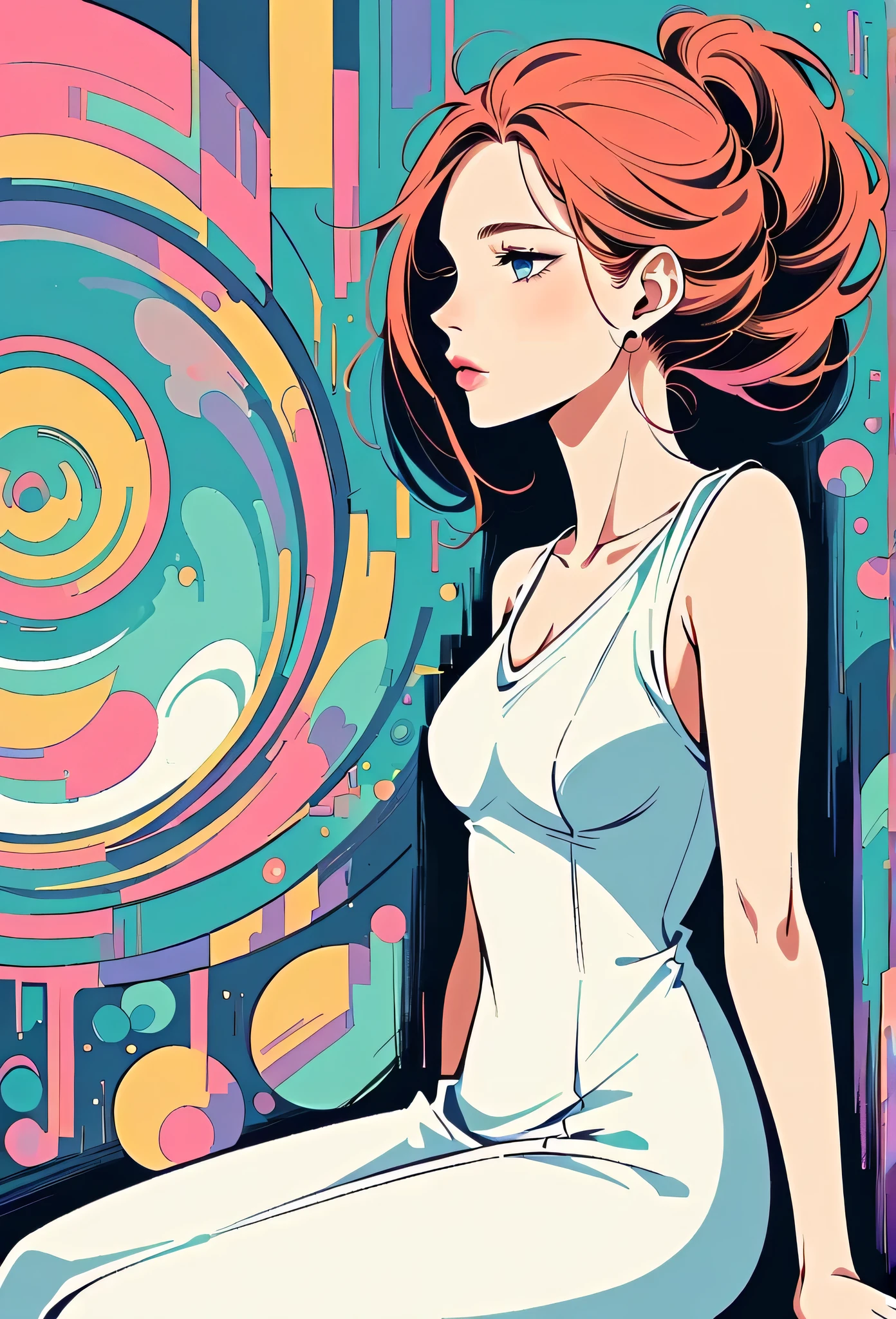 Watase Seizo style, Standing in front of a high wall，Simple Line Initialism，Abstract art，Urban Background, (((The most beautiful girl))), Lips in Love, sitting