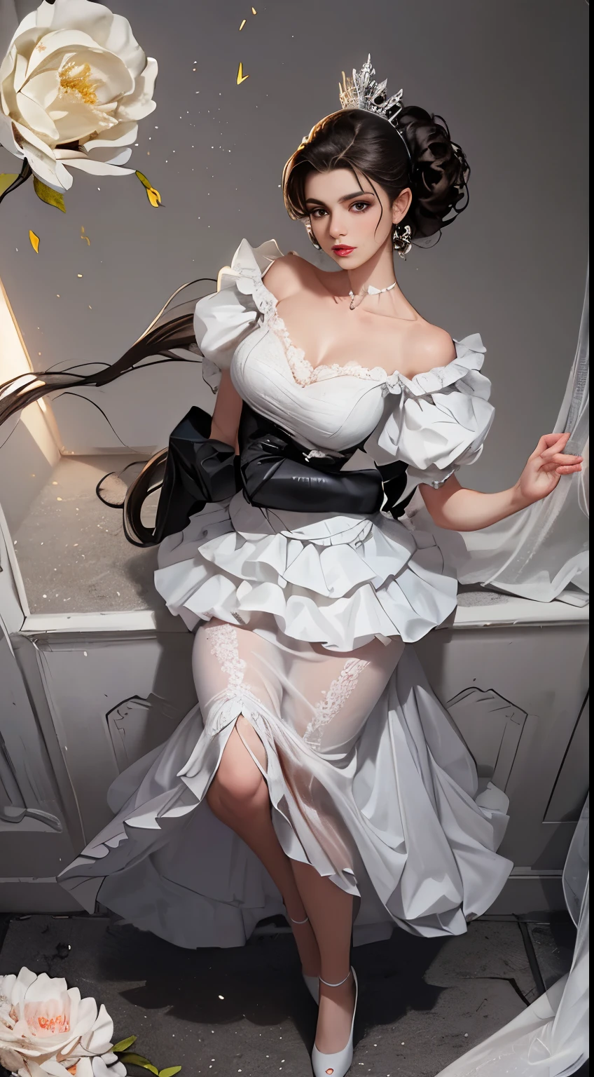 (masterpiece, best quality, realistically, Work, super detailed, 8k), ((Wide-angle lens, Full body female love)), 1 girl,Light makeup,Exquisite facial features,Dark brown hair, Pompadour hairstyle, curls,short hair,white lace gloves,lace shirt,???? sleeves,cotton lace skirt,front standing posture ,facing the audience,full body portrait,gray background