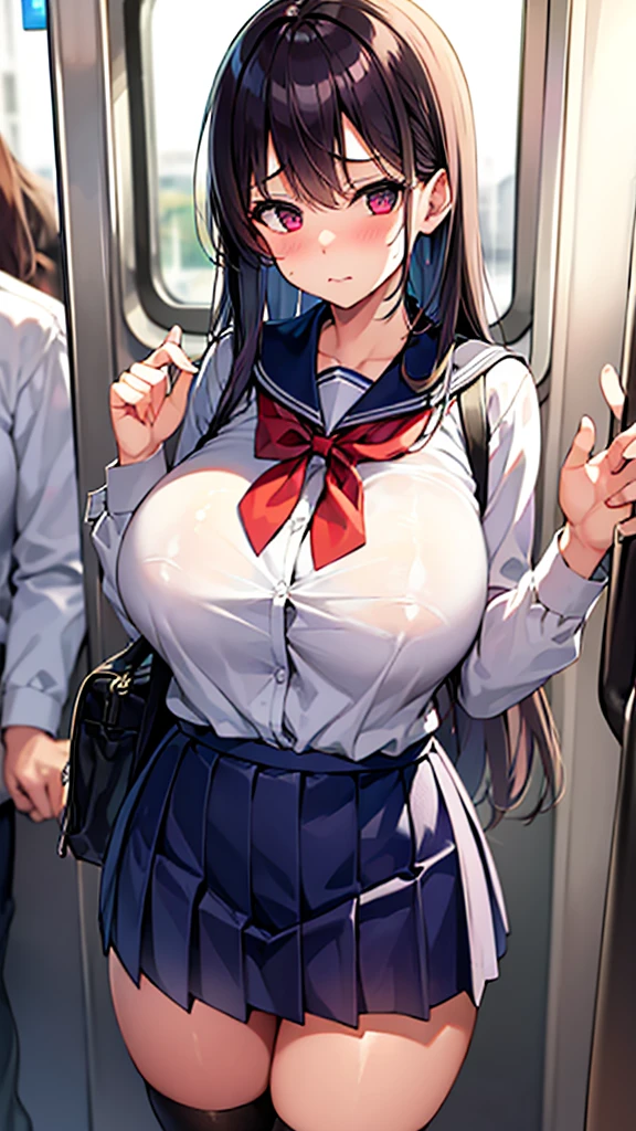 1 Girl, Big Breasts, diaphragm, internal, Crowded train, Are standing, Cowboy Shot, ((School_uniform)), Troubled face