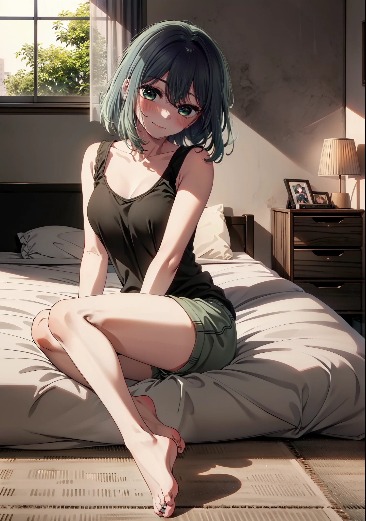 akanekurokawa, akane kurokawa, bangs, (Green Eyes:1.3), Blue Hair, Long Hair, dark Blue Hair,Black Tank Top,String Underwear,barefoot,Sitting on the bed,Sleepy eyes,smile,blush,morning,morning陽,The sun is rising,whole bodyがイラストに入るように,
break indoors, Bedroom,
break looking at viewer,whole body,
break (masterpiece:1.2), Highest quality, High resolution, unity 8k wallpaper, (figure:0.8), (Beautiful attention to detail:1.6), Highly detailed face, Perfect lighting, Highly detailed CG, (Perfect hands, Perfect Anatomy),