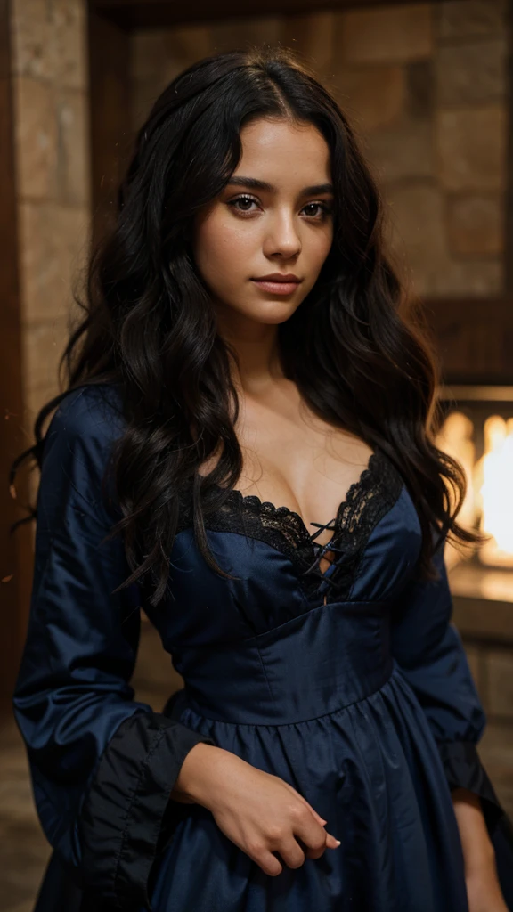 1 girl, black girl, black skin girl, curly hair, long hair, curls, eyes black, blue dress with details, medieval style, princesselise (8 k quality) (realisitic)