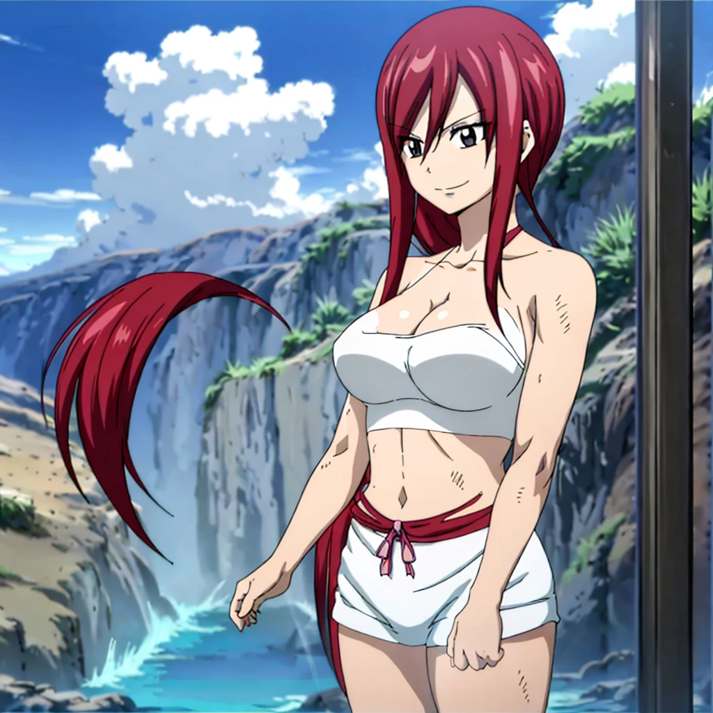 masterpiece, anime style, beach, best quality, highres, fairy tail, 1girl, large breasts, collarbone, midriff, sarashi wrap, standing, insane smile,mature woman, tall, short hair, pail skin