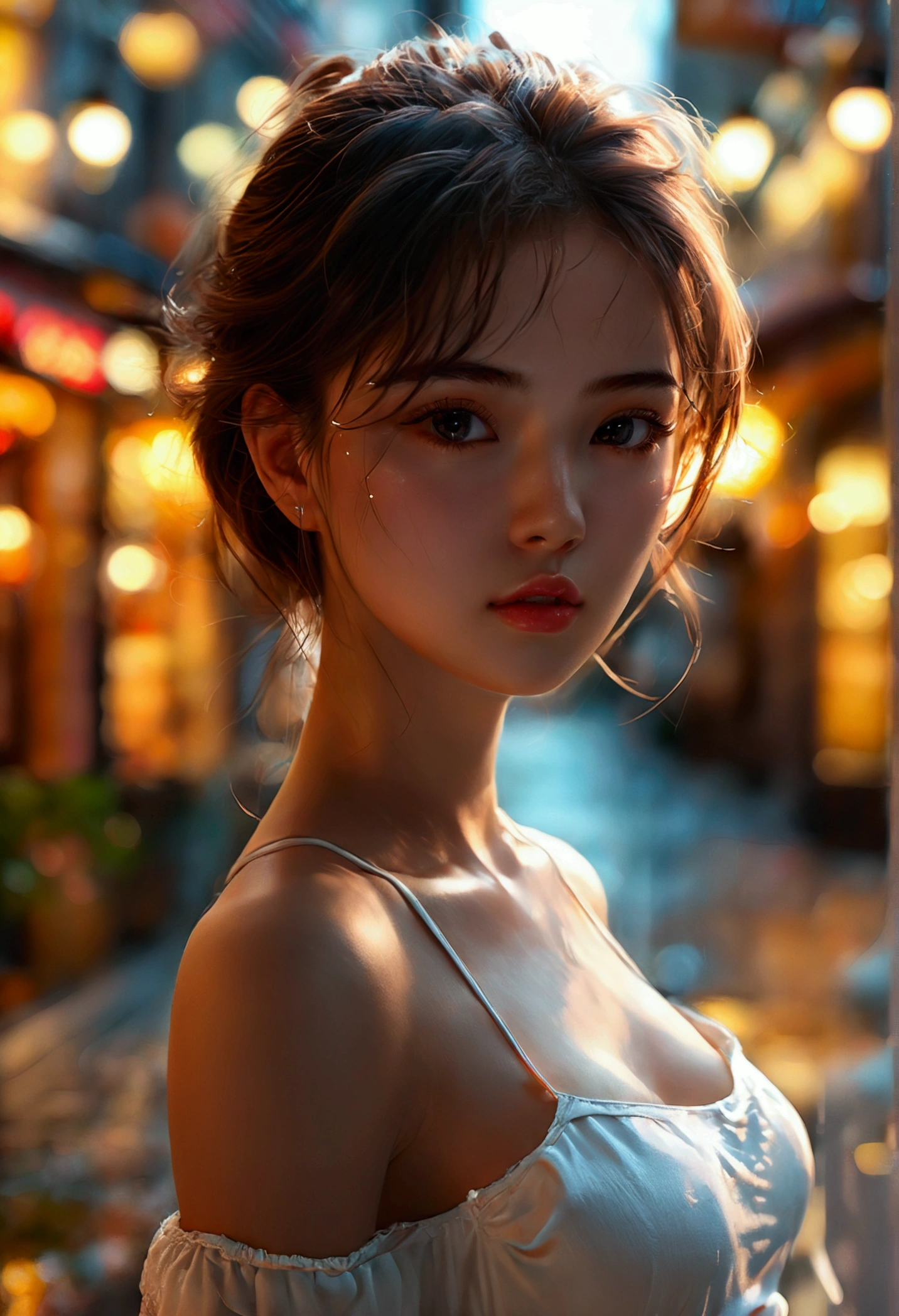 ((realistic lighting, Best quality, 8 k, masterpiece: 1.3)), Clear Focus: 1.2, 1 girl, Ideal figure: 1.4, thin abs: 1.1, ((dark brown hair)), (white crop top: 1.4), (Open, night: 1.1), City streets, Super lovely face, Perfect eyes, double eyelids,