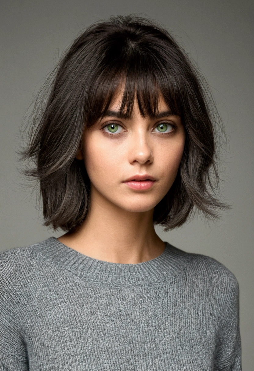 fille, Cheveux mi-longs, yeux verts, pull gris, jupe-short noire