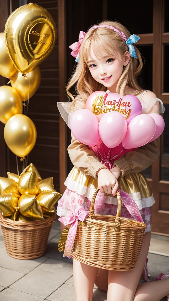Happy birthday,balloon,gift basket,gold