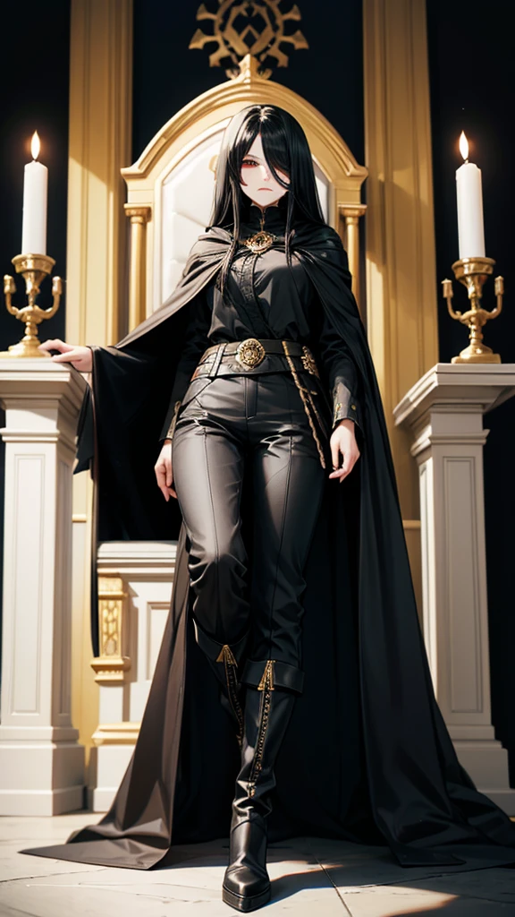 One-eyed adult woman with long black hair，Black cape，，trousers，boots，Palace，throne