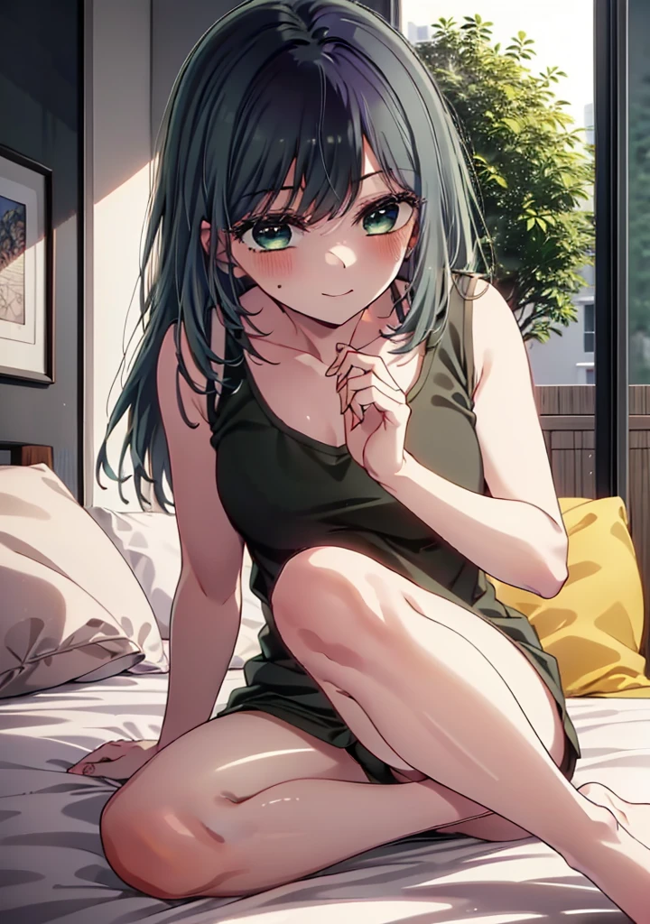 akanekurokawa, akane kurokawa, bangs, (Green Eyes:1.3), Blue Hair, Long Hair, dark Blue Hair,Black Tank Top,String Underwear,barefoot,Sitting on the bed,Sleepy eyes,smile,blush,morning,morning陽,The sun is rising,whole bodyがイラストに入るように,
break indoors, Bedroom,
break looking at viewer,whole body, 
break (masterpiece:1.2), Highest quality, High resolution, unity 8k wallpaper, (figure:0.8), (Beautiful attention to detail:1.6), Highly detailed face, Perfect lighting, Highly detailed CG, (Perfect hands, Perfect Anatomy),