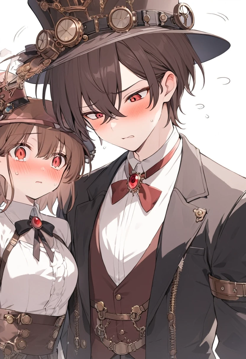 steampunk,1 male,silk hat,short hair,Red eyes,Brown Hair,tuxedo,Red brooch,Embarrassing