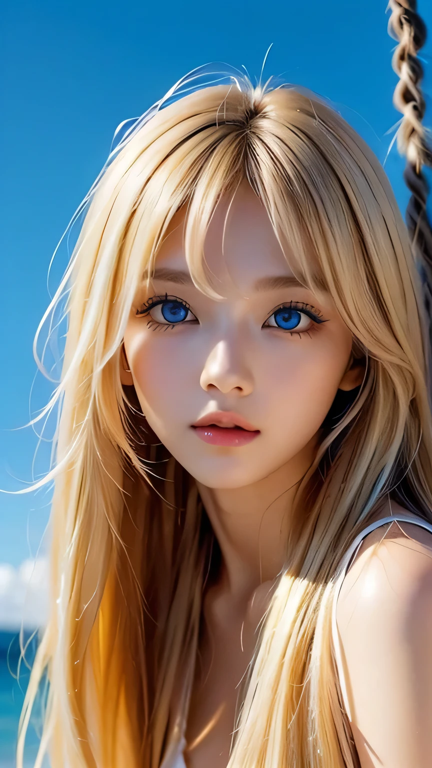 Very beautiful face、Super Long Hair、windy silky blonde super long hair、Swinging bangs、19 year old cute sexy blue eyed blonde girl、Hair above the eyes、片Hair above the eyes、Hair between the eyes、Big bright blue eyes that sparkle so beautifully、eyeliner、Bright expression、
