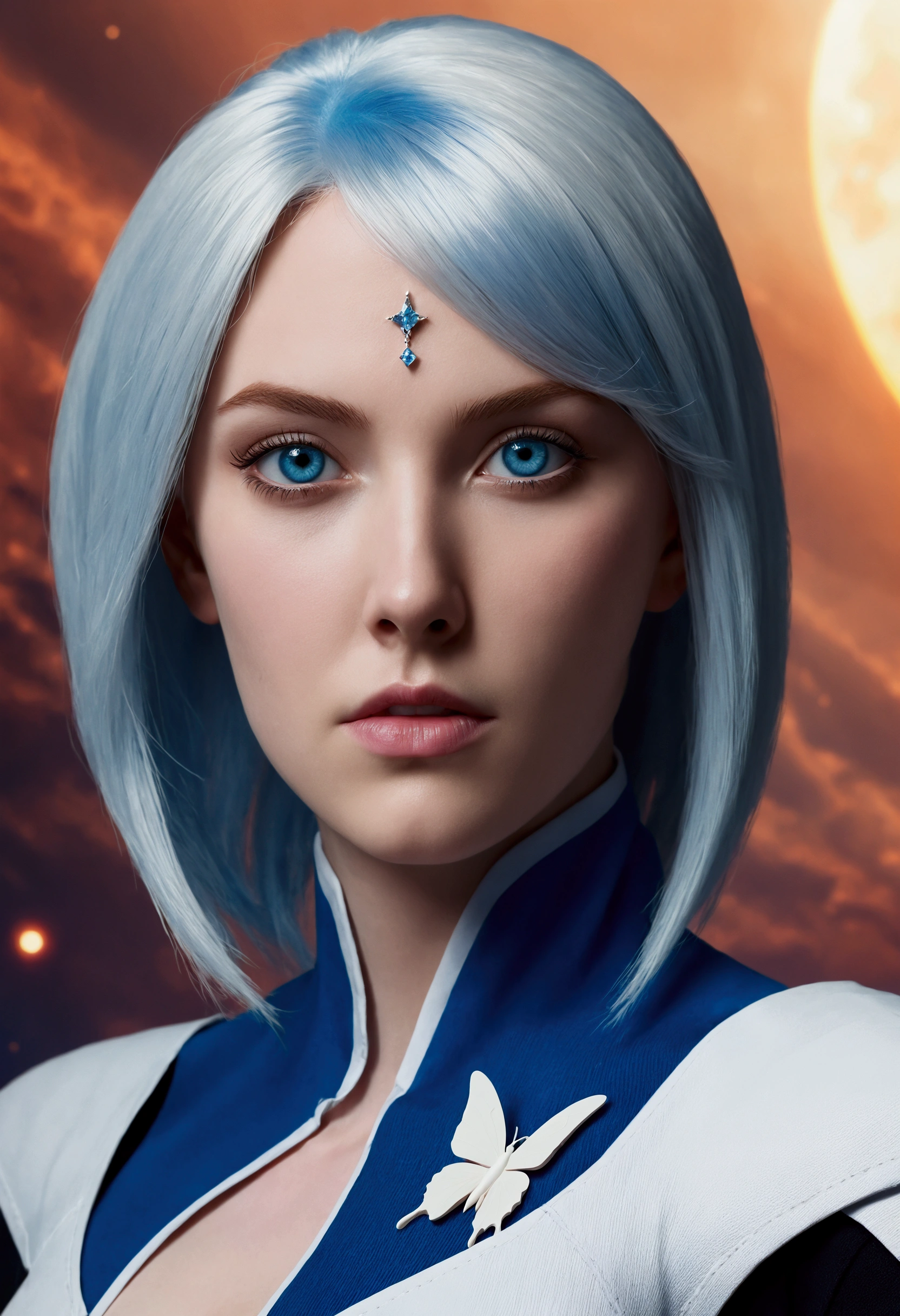 ---

A stunning 22-year-old woman with alien-like pointed ears, white butterfly cut hair, crystal blue eyes, and pale skin. She has a slender, well-defined body with a narrow waist and prominent, large breasts. Nyx is wearing a form-fitting gray and blue space uniform and has a piercing in the shape of a lance. She has a star-shaped birthmark below her left eye. Set on a realistic alien planet, she exudes confidence and curiosity, ready to explore the galaxy, starting with Earth.

---