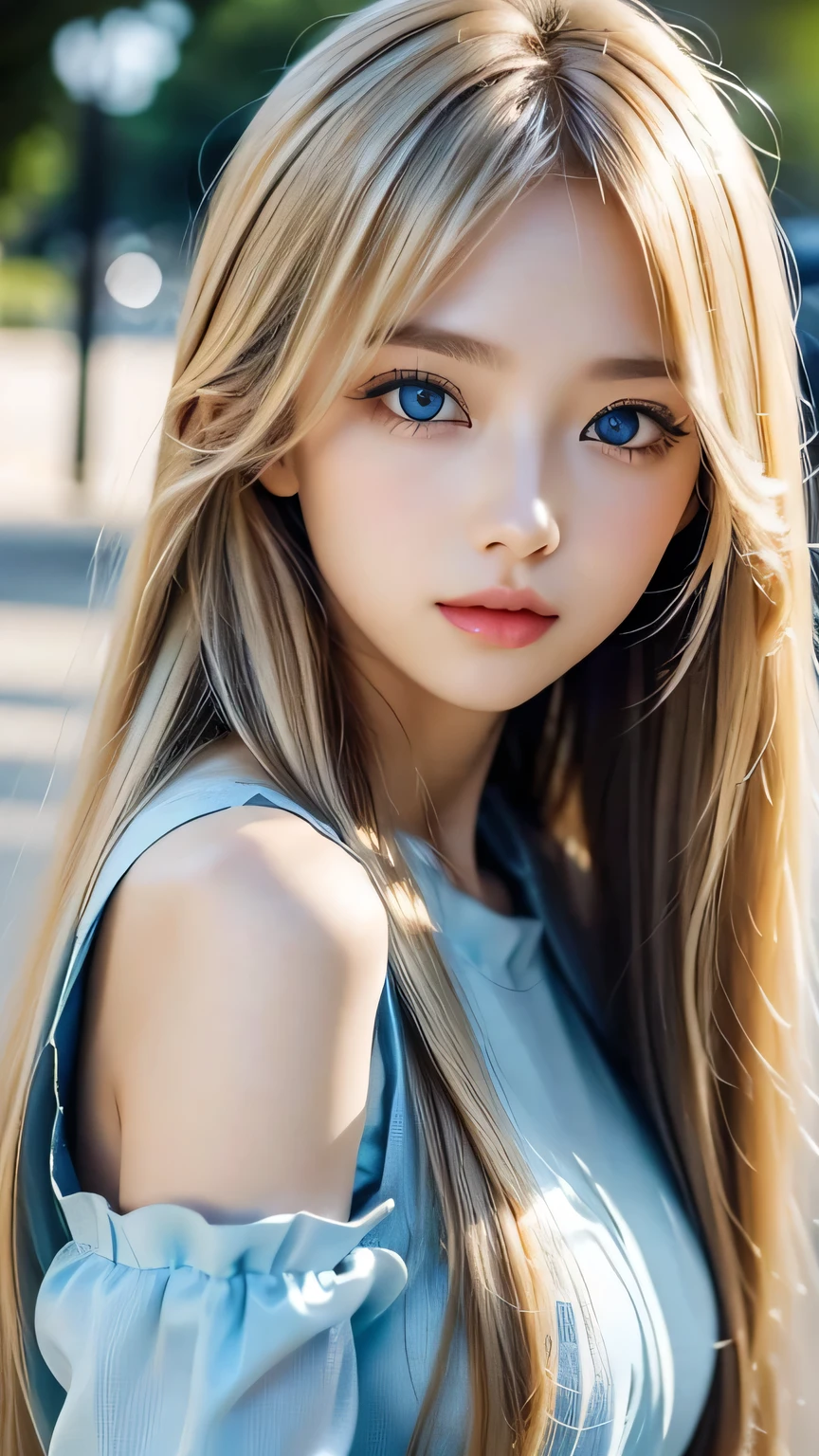 Very beautiful face、Super Long Hair、windy silky blonde super long hair、Swinging bangs、19 year old cute sexy blue eyed blonde girl、Hair above the eyes、片Hair above the eyes、Hair between the eyes、Big bright blue eyes that sparkle so beautifully、eyeliner、Bright expression、