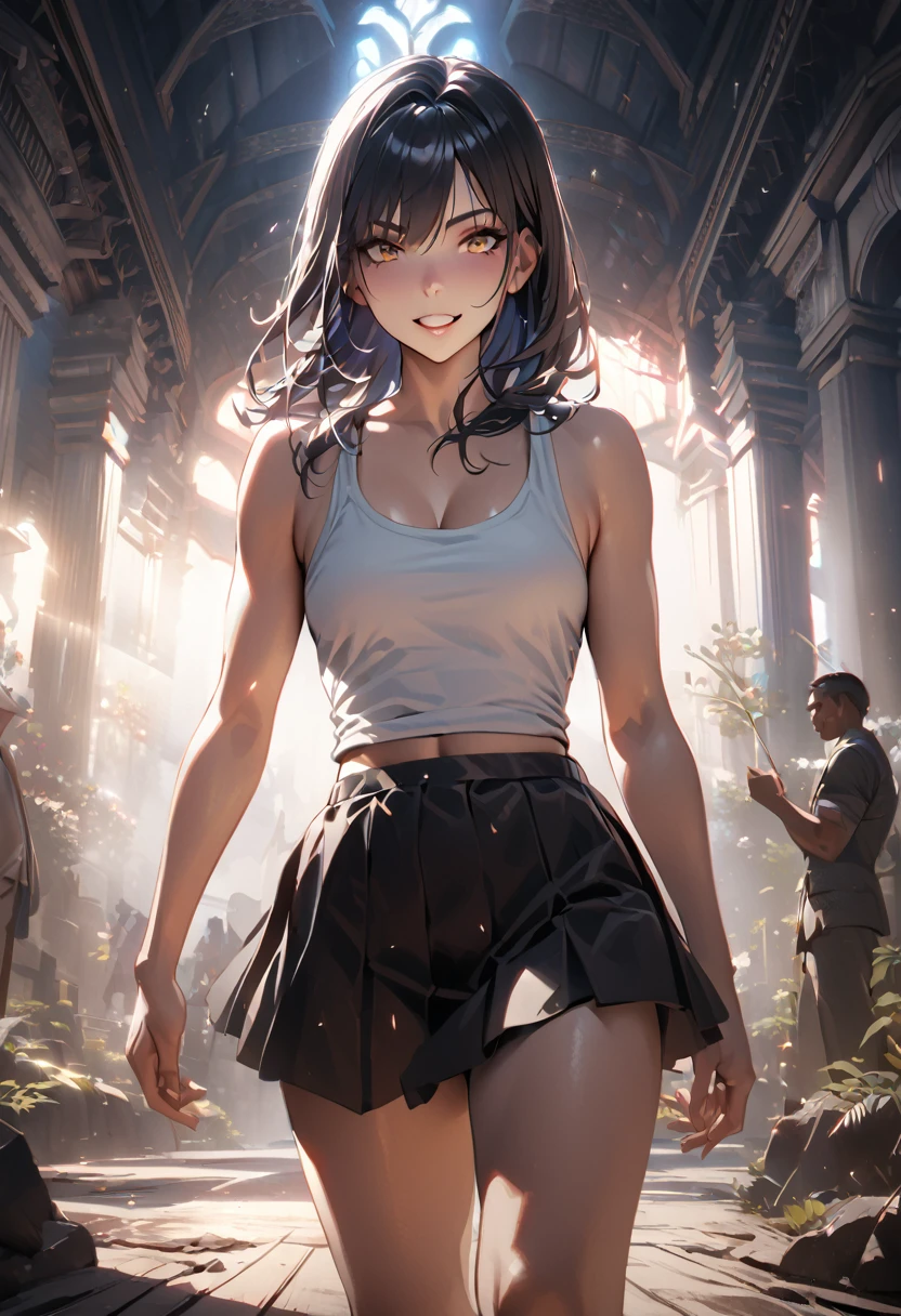 One girl, A shot of a Silvdark cowboy looking out at the viewer, Skin of color, Grin, teeth, Voice of the Heart, Fairy, Long eyebrows, (White shirt, Black Skirt), Athletic ability, Volumetric lighting, Highest quality, masterpiece, Complex, Volumetric lighting, Cinematic, 8K, Cinematic lighting, masterpiece, perfection, Complex details, Tone Mapping, Realistic ,naked,