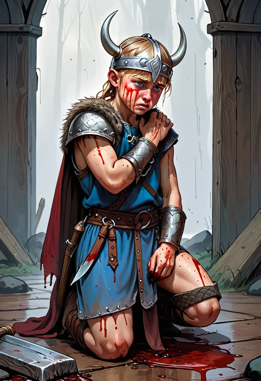 kneeling viking boy, stained with blood while crying