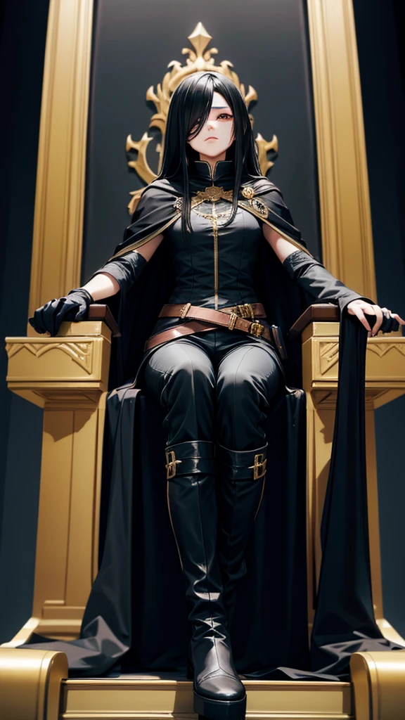 One-eyed adult woman with long black hair,Black cape,,trousers,boots,Palace,throne