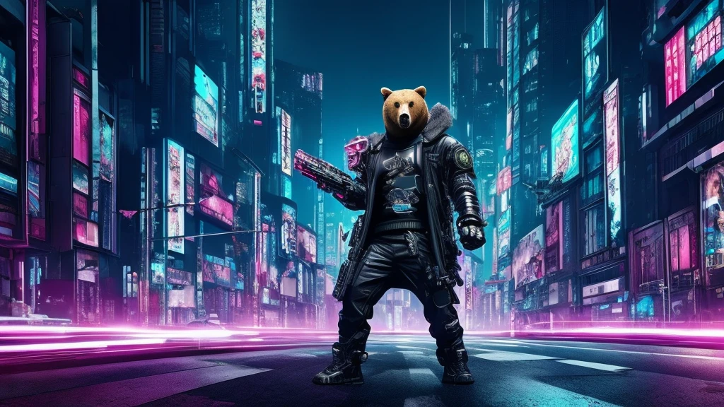 Cyberpunk Style：Ferocious Bear、Vicious Claws、A pose that looks like it&#39;s about to attack、Body and face covered in wounds、Wearing bone armor、