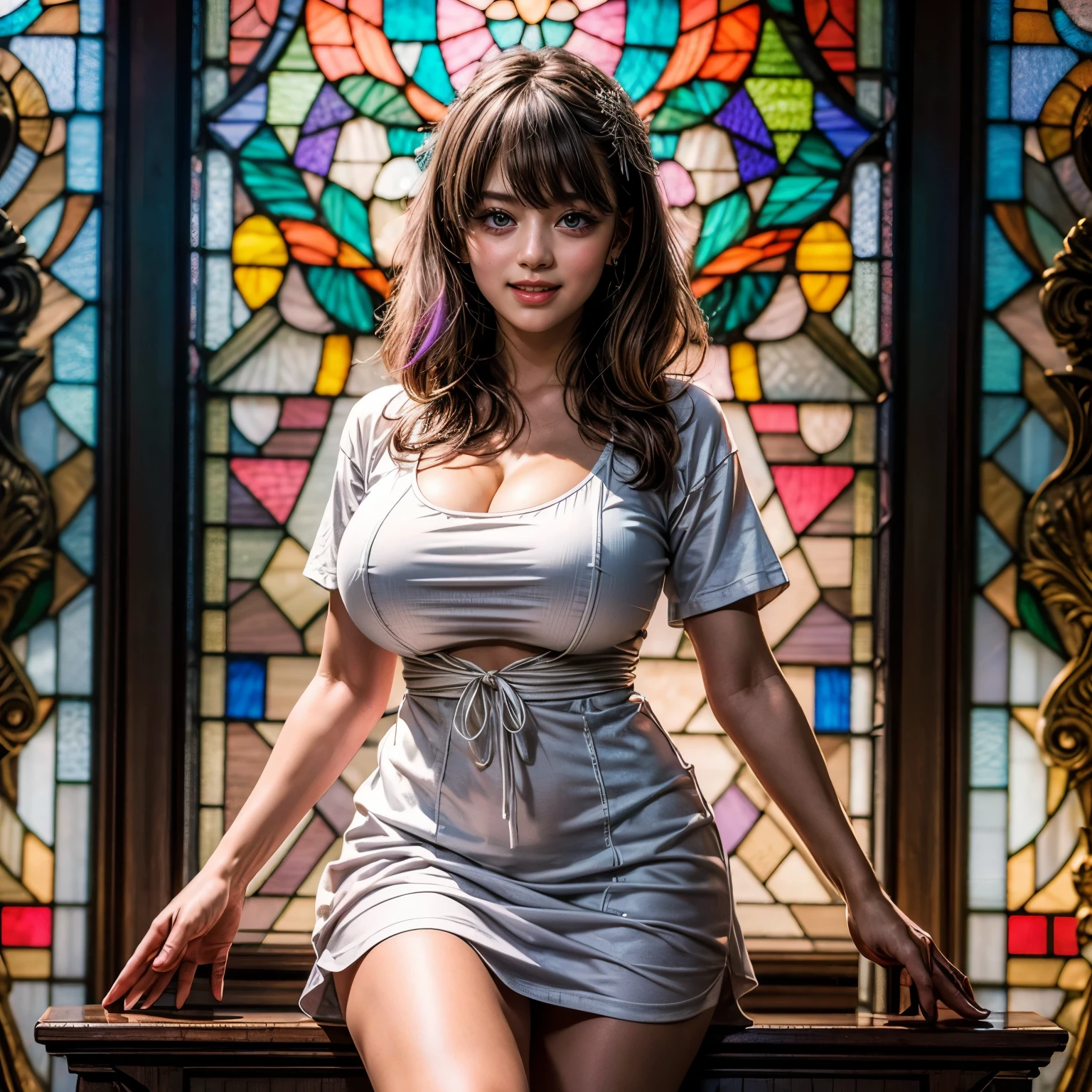White and Blood Red, (Masterpiece 8K TopQuality:1.2) (ProfessionalPhoto:1.37) ExtremelyDetailed (((FullBody, KAWAII girl with HUGE boobs:1.37)) in (WHITE cotton T-shirt mini dress:1.28)) detailed (Delicate cotton textures) keyhole_cleavage, Detailed((Distant Elaborate Stainedglass Background:1.37) with (Oodles Dazzling NeonColor Particles:1.32)) BREAK (ZoomLayer), (((NOGIZAKA FaceVariations))), Extremely Detailed (very KAWAII Face), Childish CaptivatingGaze Stunning ParfectEyes ElaboratePupils with (SparklingHighlights:1.28), Radiant PearlSkin with Transparency . { (Dynamic Joyful expressions LifeLike Rendering:1.4) | (:d) }, (Acutance:0.8) .