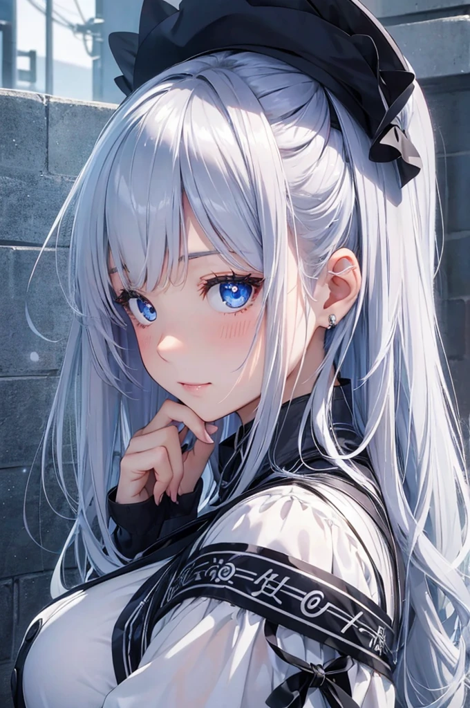 One Girl (masterpiece, round_iris, very crisp crystalline shiny blue eye, perfection_anatomy, very_charm_Hypnotic_mysterious_eye, ) perfection face, Long silvery hair, blush, A shy smile, Big Breasts, Pique Ice Cream、 Sleeping and waking up、 Back view of tying hair, Vibrant colors, Highest quality, 4K、Gray Hair、