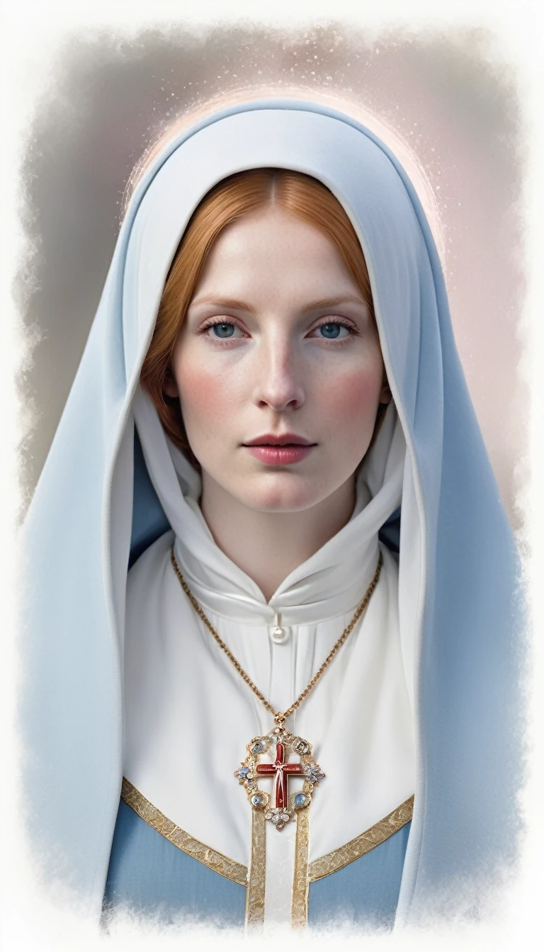 Virgin Mary. White vale over red-blonde hair, blue overcoat, white robe to the neck, pale white skin with slight rose colored cheeks. Colored realistic photo.