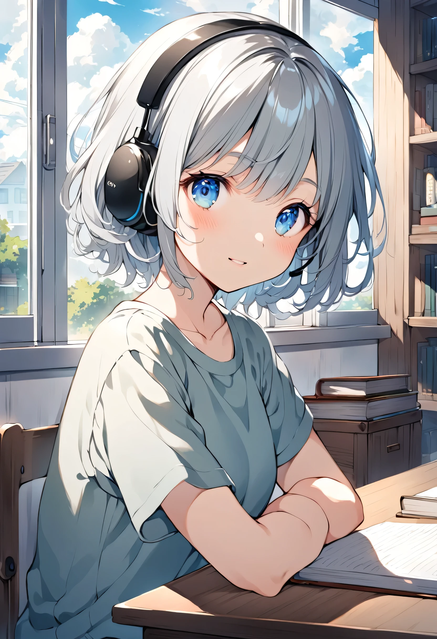 ghibli style, Hayao Miyazaki, blue eyes, gray hair, Sky and clouds background outside the window, looking the viewer, shirt, Short hair, modern style house, sit at the desk and study, sweet girl wearing sony headset, There are many books on the bookshelf in the room
