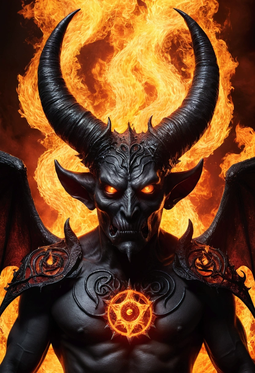 Create an image of a giant satanic entity, with demon wings horns 5 eyes head on fire