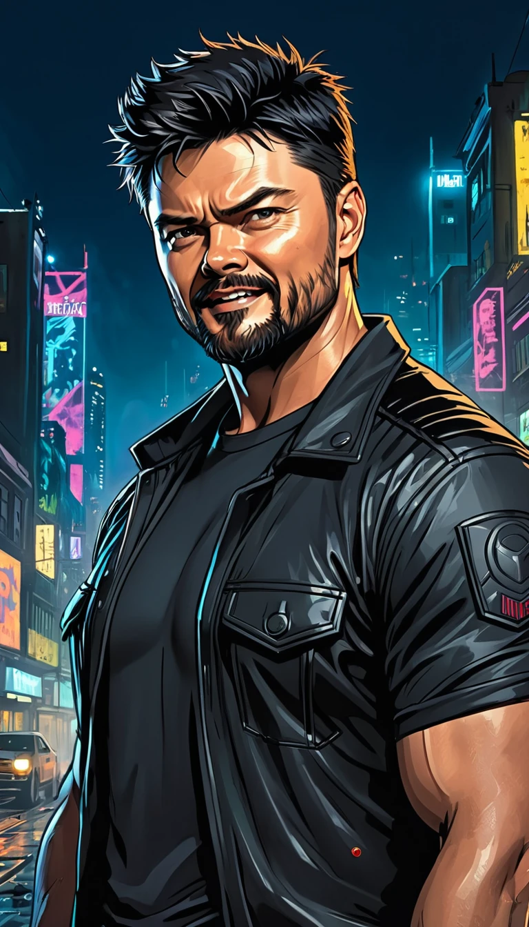 (Karl Urban:1.5), Based on William "Billy" Butcher, from the series The Boys, medium black hair, Muscle, Cyberpunk Style, night background, naughty smile, large beard, messy hair, black clothes, portrait, Comic Art Style