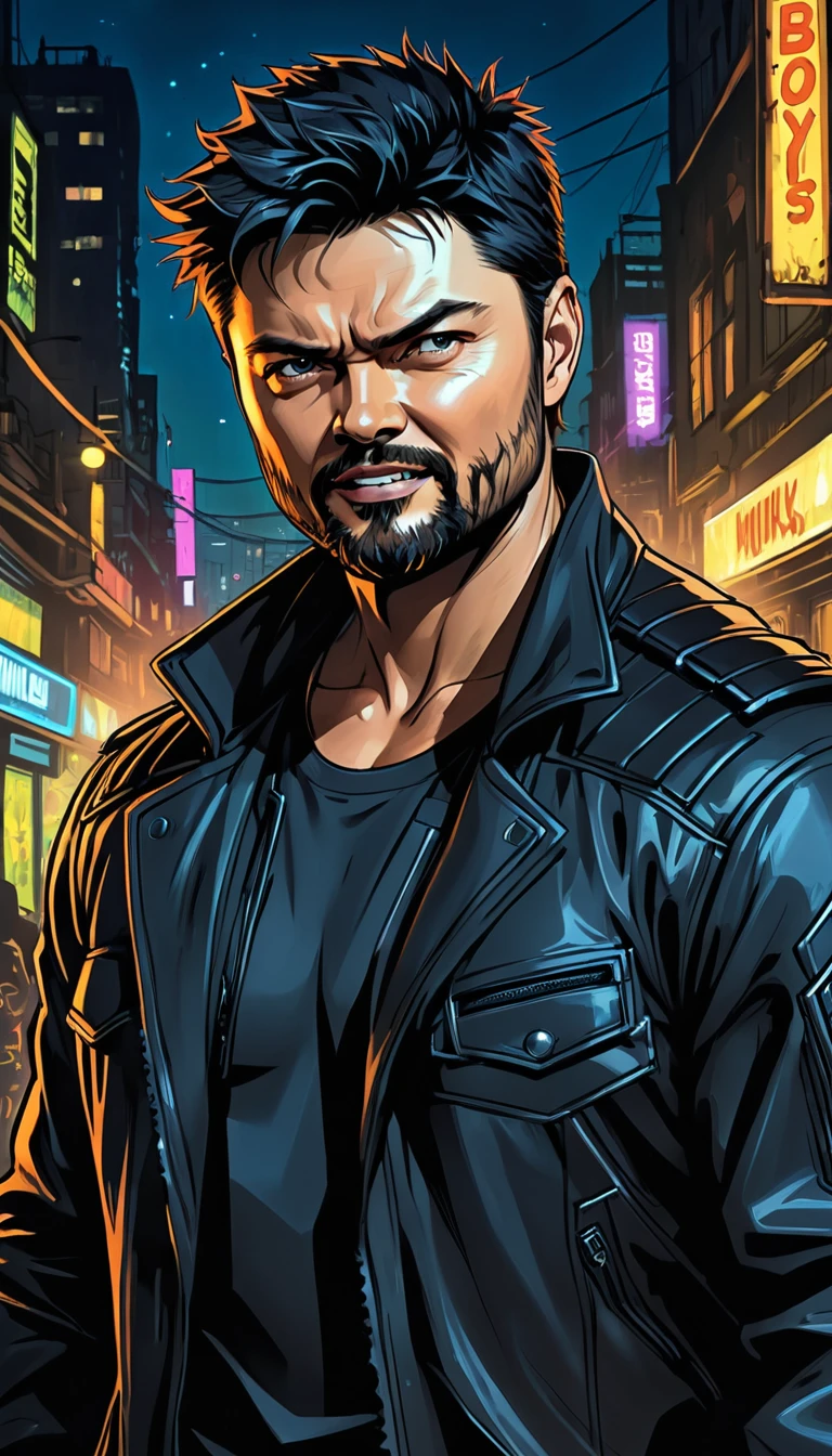 (Karl Urban:1.5), Based on William "Billy" Butcher, from the series The Boys, medium black hair, Muscle, Cyberpunk Style, night background, naughty smile, large beard, messy hair, black clothes, portrait, Comic Art Style

