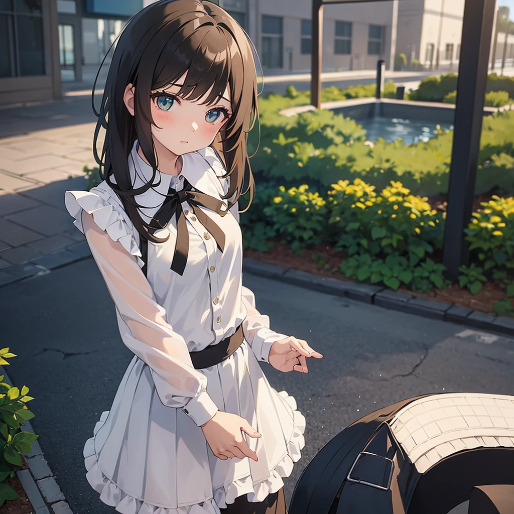 A cute girl. She wears a modest frilled blouse with a skirt and leggings. She has small , almost to the point of being flat. Her hair is brown and glossy and her eyes are deep green. She stands infront of the school on a rainy day. Her clothes are wet and translucent, showing her bra under her shirt.