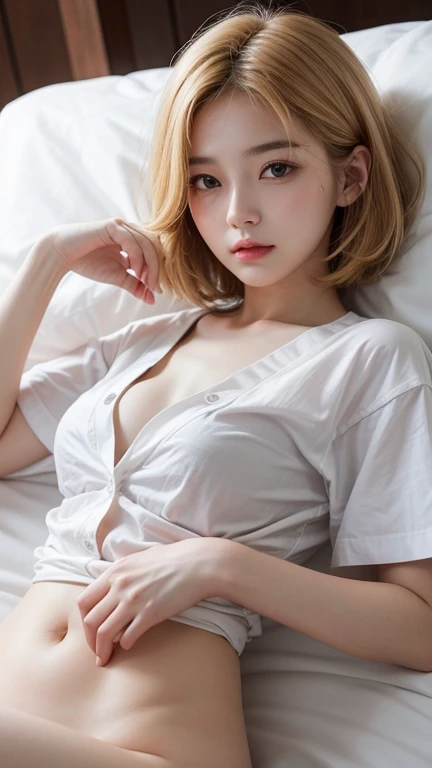 Highest quality、Japanese women、The most beautiful woman in the world、sexy、Golden hair color、Short Hair Style、Small face、Beautiful skin、night、Large breasts、Realistic、White shirt、Lying down