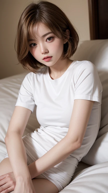 Highest quality、Japanese women、The most beautiful woman in the world、sexy、Golden hair color、Short Hair Style、Small face、Beautiful skin、night、Large breasts、Realistic、White shirt、Lying down