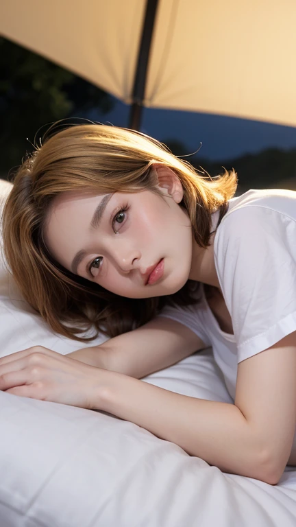 Highest quality、Japanese women、The most beautiful woman in the world、sexy、Golden hair color、Short Hair Style、Small face、Beautiful skin、night、Large breasts、Realistic、White shirt、Lying down
