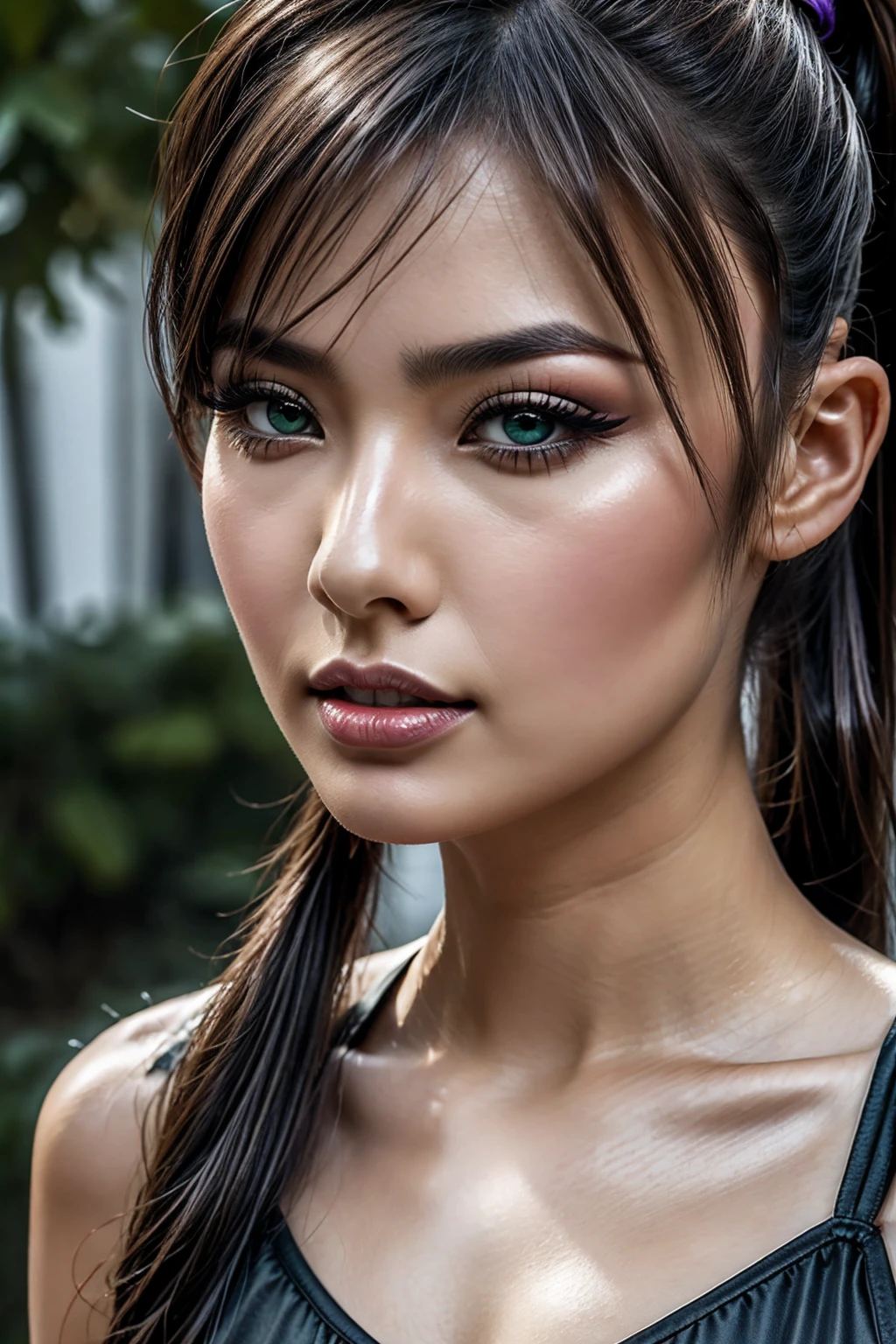 photorealism 16K realism ultra resolution quality, (Ultra-realistic proportional body, anatomically correct), (the most absurd quality perfect eyes), (intricately detailed beautiful face), (light pale complexion). BREAK, (ultra perfect eyes with absurd quality, extremely detail, ultra resolution, clear sharp focus, not blurry. Realistic brown_eyes:1.35), (finely quality, perfect round eyes), (finely detailed pupils), pink_makeup:1.3, red_lipstick:1.25, eyeliner, (perfect dark_eyeshadows:1.35), beautiful cheekbones, dramatic lighting, ((perfect composition)), pale skin, (dry skin), sexy stylish Korean model, only 1 female, (sexy doll-like appearance), ((hair combed smoothly:1.4)intricately detailed:1.4), ((tied in a high ponytail:1.45)), ((sexy Lolita cosplay:1.25)), unconventional skirt, petticoats, ((detailed embroidery)), (transparent PVC in the shade of green), ((Shiny purple Transparent Holographic Full Bodysuit: 1.2)), cinematic light, detailed background of a large park with trees, dynamic pose、(shot to the knees), ((no decorations in the hair)), (dark shot:1.1), (firm normal full breasts),