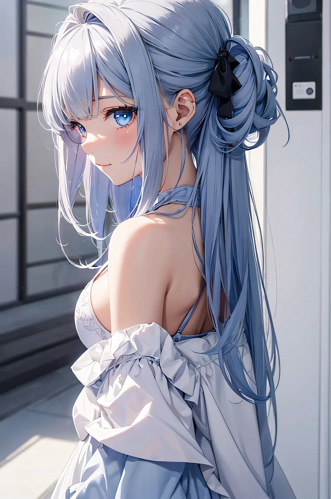 One Girl (masterpiece, round_iris, very crisp crystalline shiny blue eye, perfection_anatomy, very_charm_Hypnotic_mysterious_eye, ) perfection face, Long silvery hair, blush, A shy smile, Big Breasts, Pique Ice Cream、 Sleeping and waking up、 Back view of tying hair, Vibrant colors, Highest quality, 4K、Gray Hair、