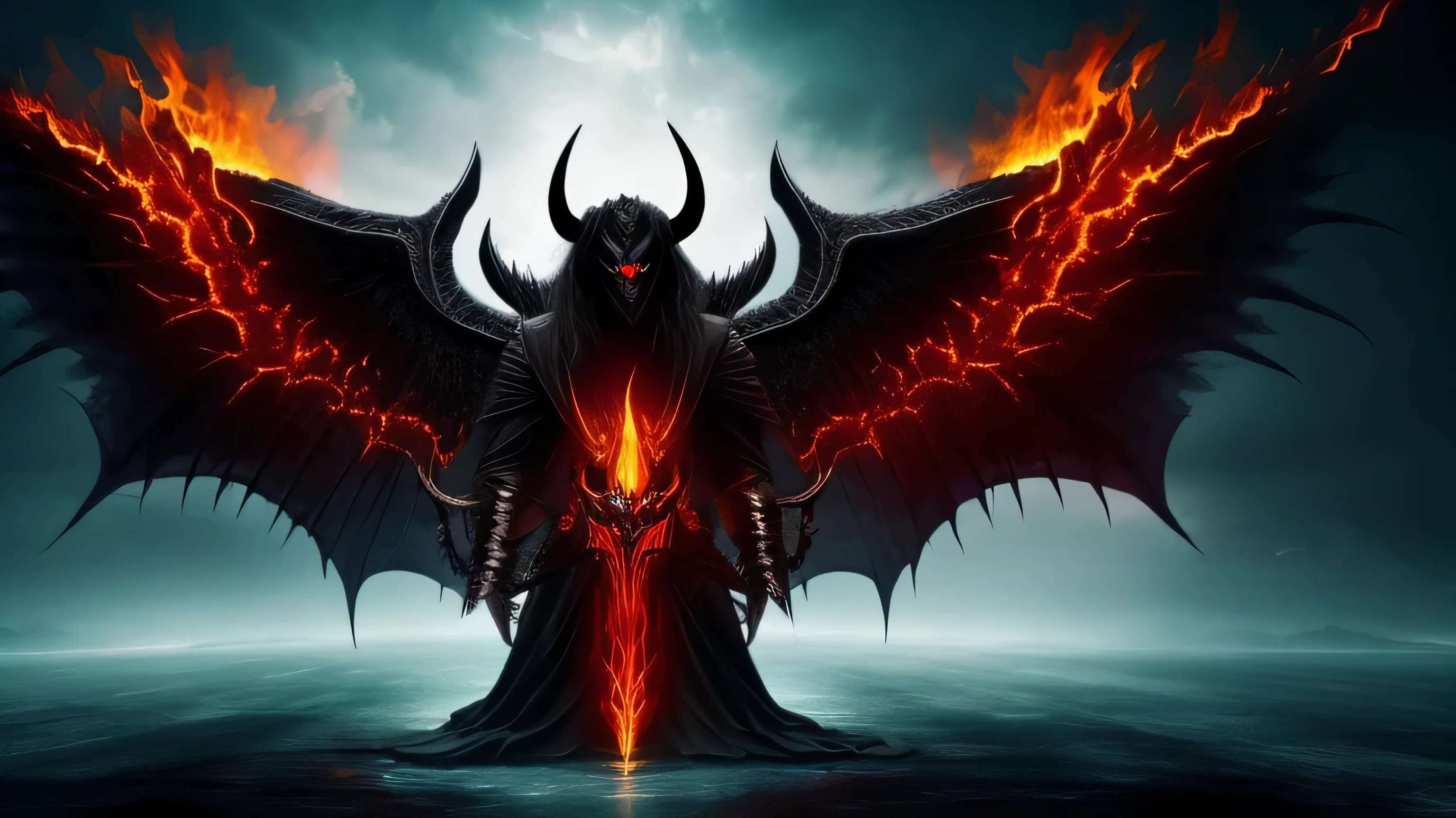 Create an image of a giant satanic entity, with demon wings horns 5 eyes head on fire