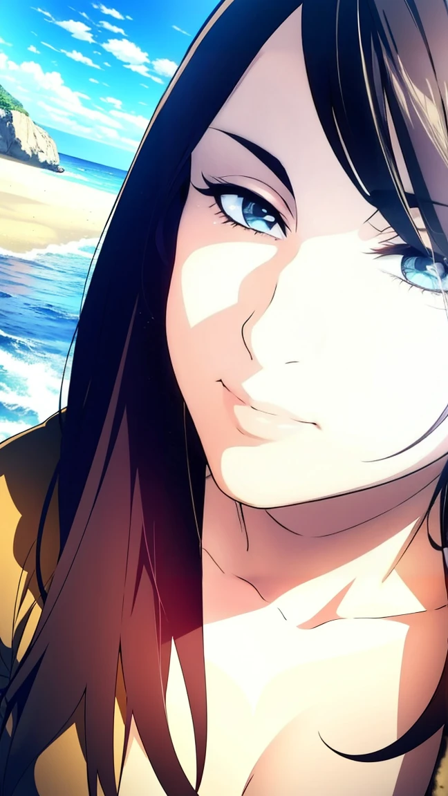 1girl with long black hair, detailed realistic face, beautiful detailed eyes, beautiful detailed lips, extremely detailed face, long eyelashes, woman standing on the beach, ocean waves, golden sunset sky, soft sand, tropical plants, photorealistic, 8k, high resolution, intricate details, cinematic lighting, vibrant colors, dramatic lighting, volumetric lighting, realistic skin textures, realistic clothing textures, hyper detailed, masterpiece