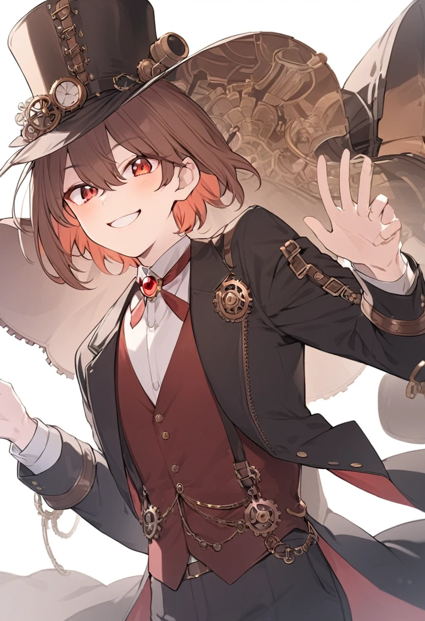 steampunk,1 male,silk hat,short hair,Red eyes,Brown Hair,tuxedo,Red brooch,alone,A big smile