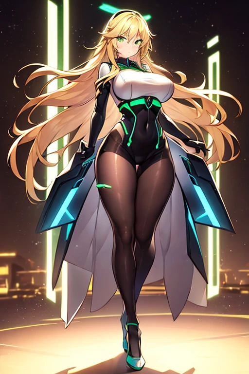 1girl, green eyes, blonde hair, long hair, large breasts, hourglass figure, bodysuit, white bodysuit, neon, neon trim, machinery, tech, science-fiction, futuristic, serious, standing, full body, ((full body)),, pantyhose, black pantyhose, wavy hair, walking towards viewer, fighting stance