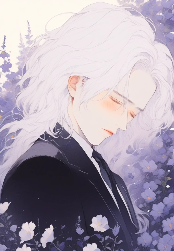 Boy, White hair, shoulder-length hair, closed eyes, sad look, Expensive suit, background field of flowers, Art Style, drawing, painting.