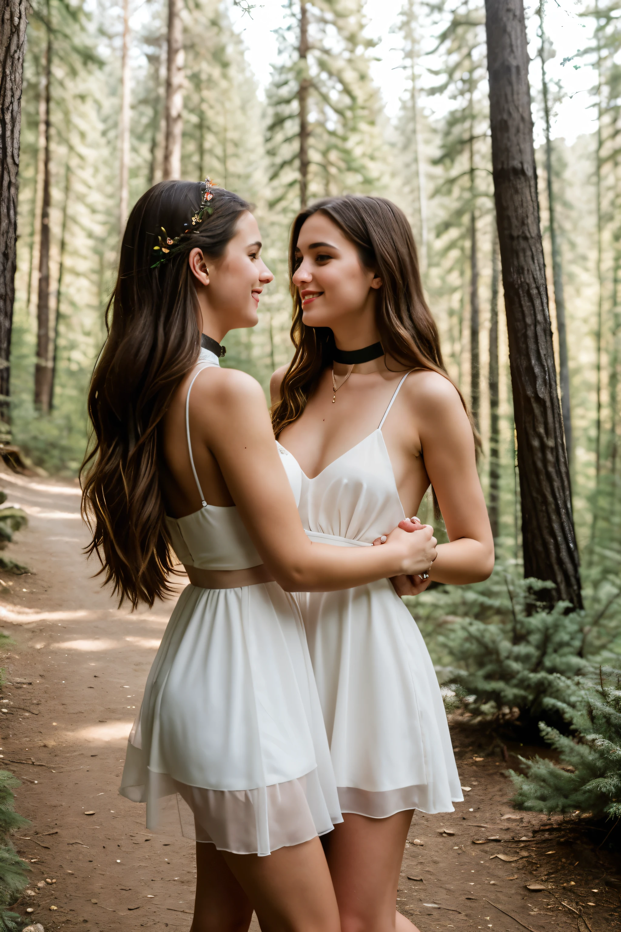 ((best quality)), ((masterpiece)), (detailed), 2 girls, Beautiful young Albanian girl, long brown hair, elegant body, 40DD breasts, wearing short rainbow party dress, showing belly, white choker, showing perfect definition, kissing, 2 friends, 2 girls dancing with friend, holding friends hand, Pine tree forrest in background, Canon 1DX, Ultra HD, 8k