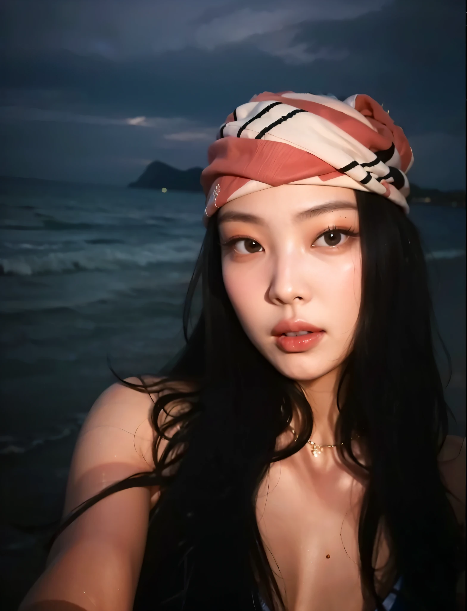 Jenny Kim Jennie on a beach at night, you can see the sea and a mountain in the background
