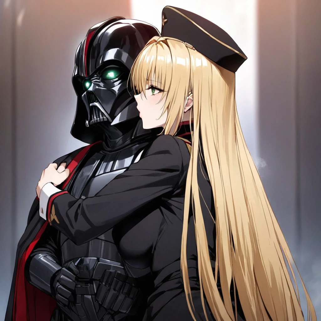 ((Highest quality)), ((masterpiece)), (detailed), （Perfect Face）、The woman is Tiare, a beautiful Space Imperial Army officer with green eyes and medium-long blonde hair, wearing a Space Imperial Army uniform and military cap.、The woman pledges her loyalty to Emperor Palpatine, and they embrace, love, and kiss.、The woman is standing close to the Emperor, and the dignified old Emperor Palpatine is holding her close, kissing her and loving her.、The man is Darth Sidious, Emperor Palpatine, Dark Lord of the Sith, a wrinkled, dignified, ugly old man wearing a black hooded robe, embracing, kissing and fondling a woman.