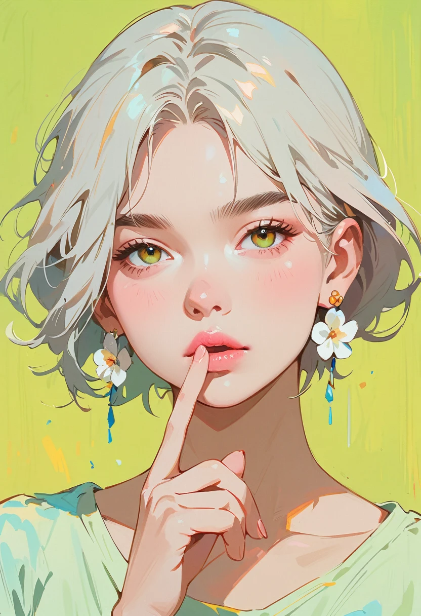 (masterpiece, Highest quality:1.2), 1 Girl, Lonely，Anime Style，Gray Hair, A girl with pink lips and pale flower earrings holds her finger over her mouth，In the style of a leading portraitist, Yellow-green background.