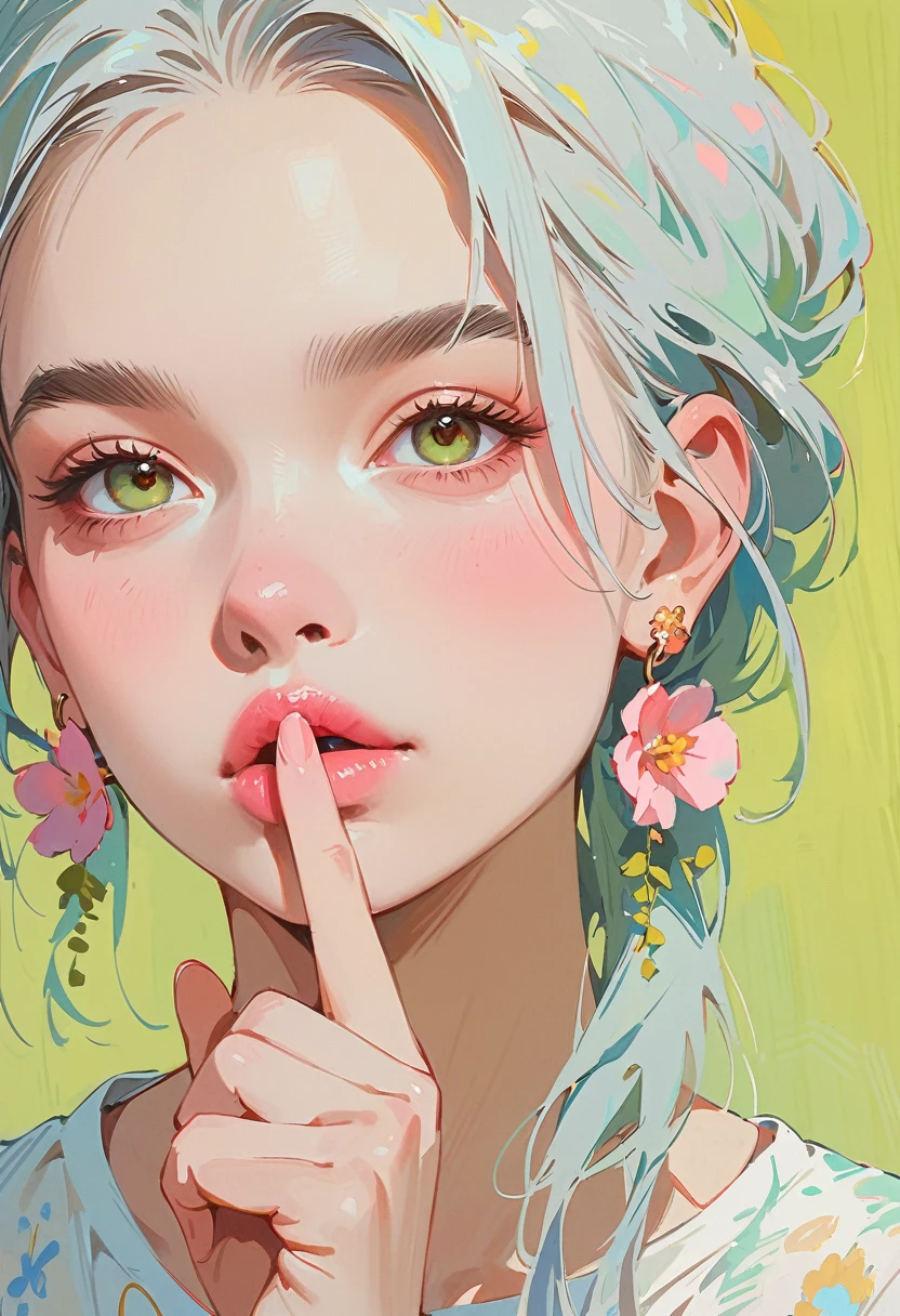 (masterpiece, Highest quality:1.2), 1 Girl, Lonely,Anime Style,Gray Hair, A girl with pink lips and pale flower earrings holds her finger over her mouth,In the style of a leading portraitist, Yellow-green background.