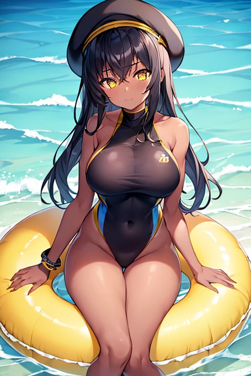 1girl, dark skin, dark-skinned female, black hair, long hair, yellow eyes, yellow beret, beret, one-piece swimsuit, competition swimsuit, black swimsuit, black one-piece swimsuit, yellow trim, light smile, large breasts, thick thighs, beach