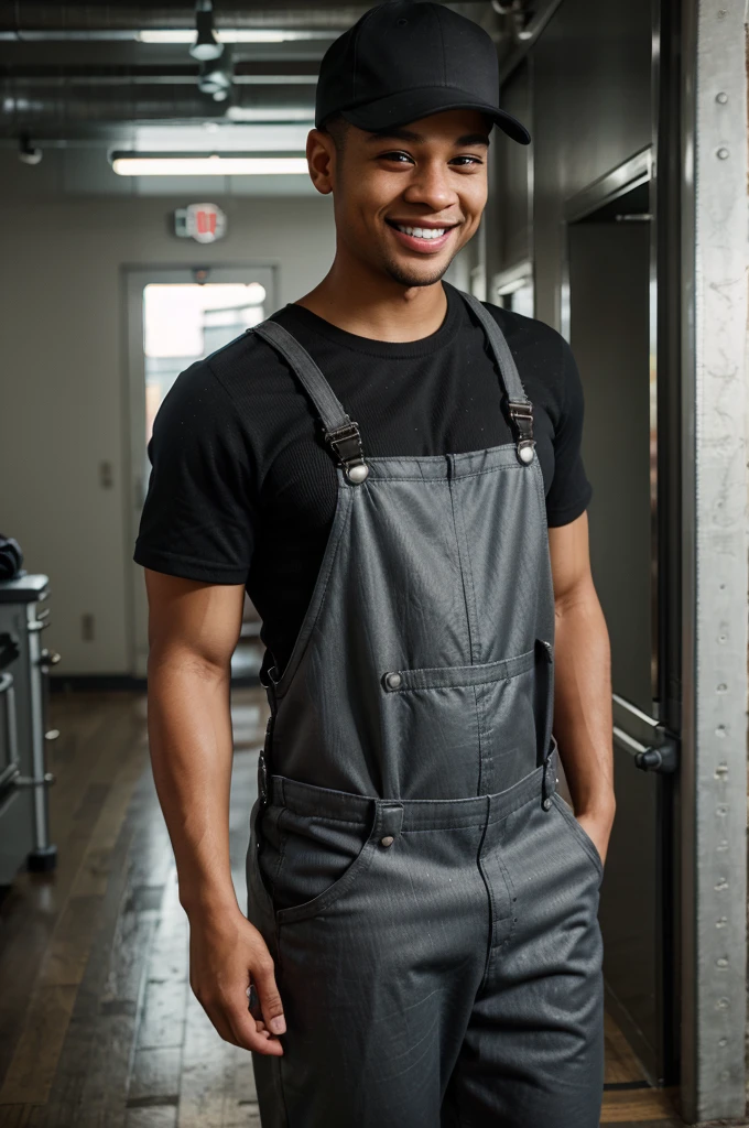 man wearing work overalls , black sport cap , hose ,light skin ,smiling, focusing ,looking to the floor , his eyes looking down