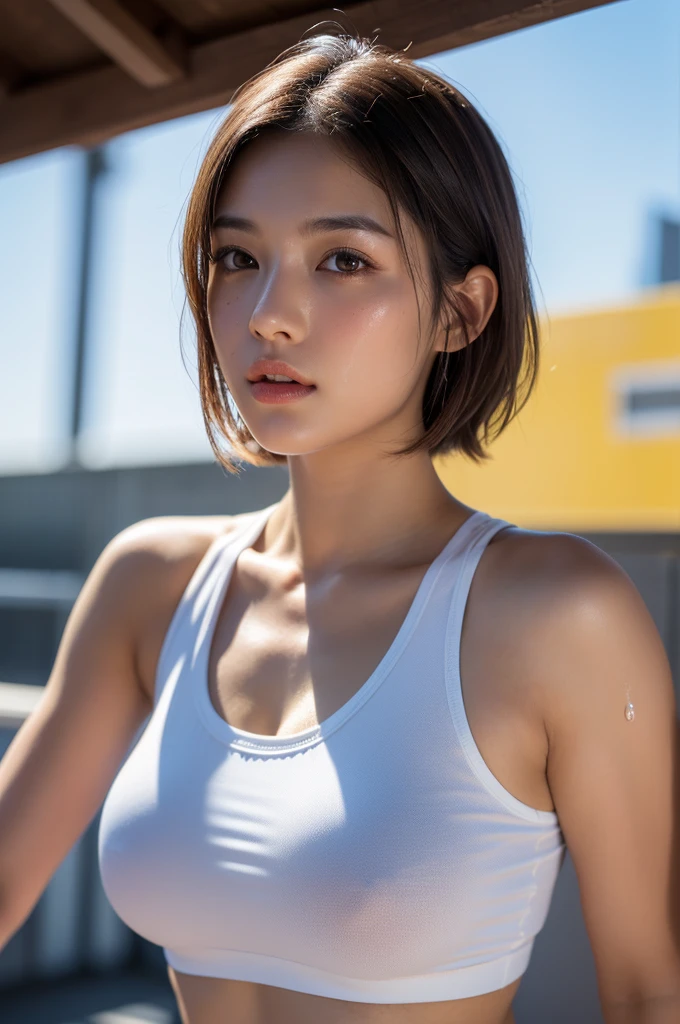 1girl, detailed face, beautiful detailed eyes, beautiful detailed lips, extremely detailed eyes and face, long eyelashes, sexy, japanese, 18 years old, short hair, tanned skin, realistic texture, (((sweat))), athletics track, close-up of chest, tank top, armpit, realistic water droplets, (best quality,4k,8k,highres,masterpiece:1.2),ultra-detailed,(realistic,photorealistic,photo-realistic:1.37),high quality,vivid colors,studio lighting,physically-based rendering,extreme detail description,professional