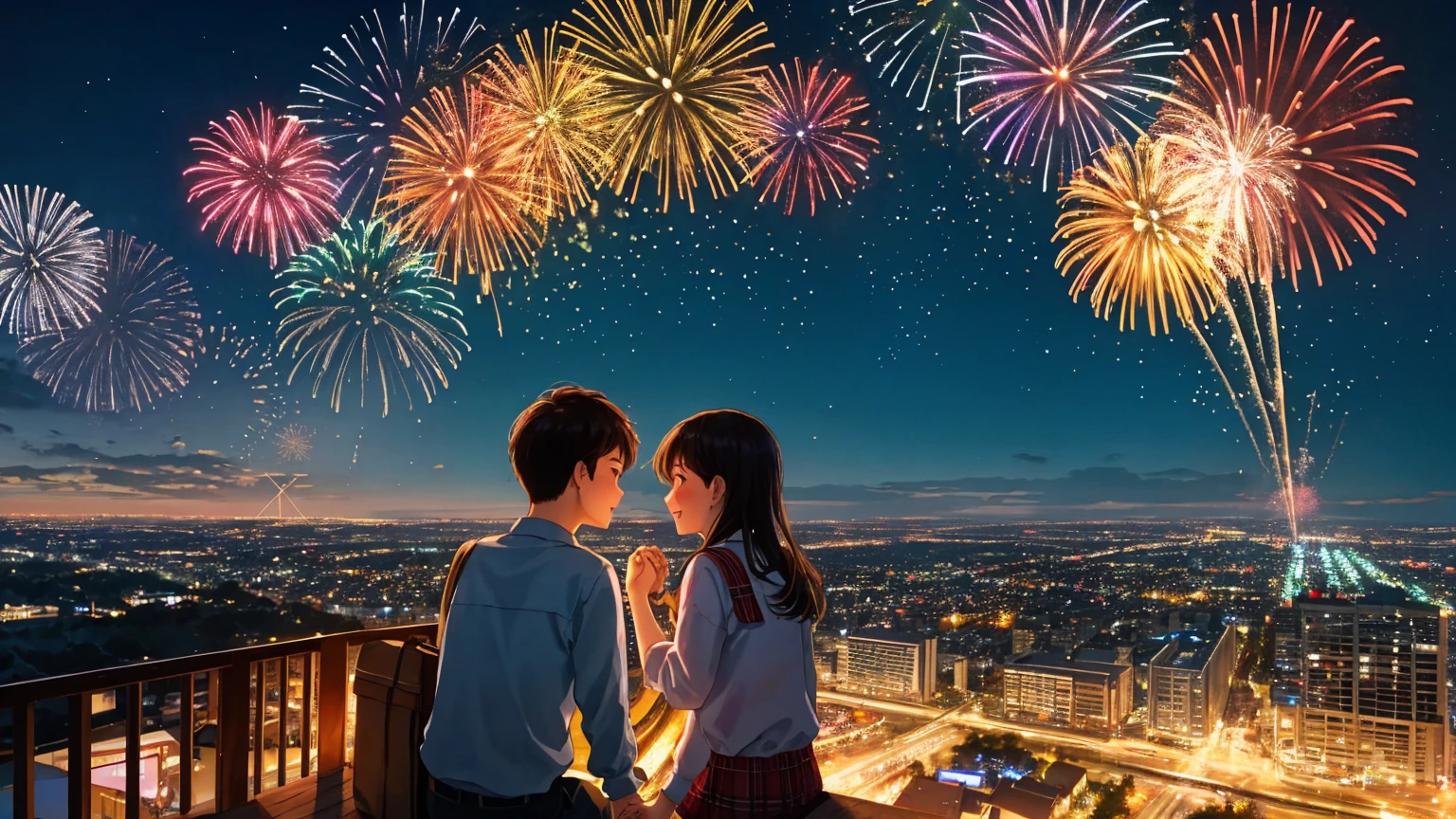 Looking up at the fireworks display from the top of a small hill、Young man and woman holding hands、Fantasy